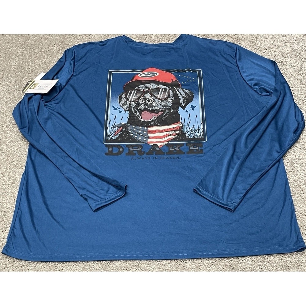 Drake Waterfowl Icon Americana Performance Crew Long‎ Sleeve Shirt Size 2XL Dog
